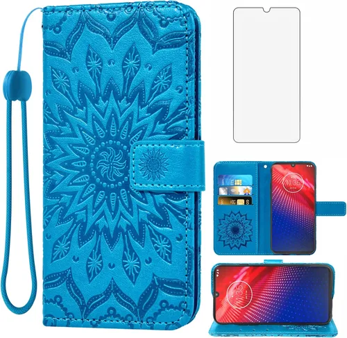 Funda de teléfono para Motorola Moto Z4 Play/Moto Z4 con protector de pantalla de vidrio templado, funda magnética de cuero, soporte para tarjetas,