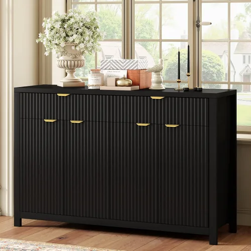 Miniatura 11 de Virubi Armario de buffet acanalado de 63 pulgadas con almacenamiento, puertas y estantes ajustables, mesa consola curva de madera con Azul marino