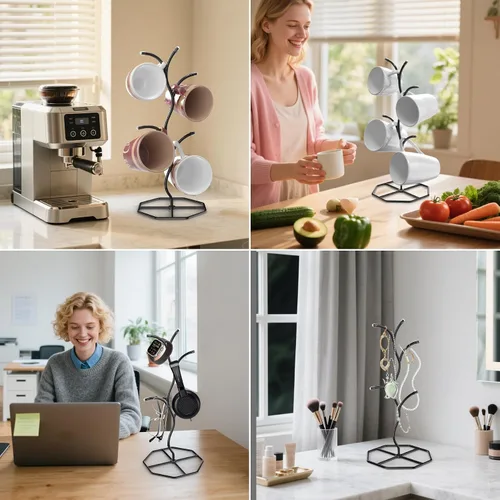 Miniatura 9 de Beesini 2 paquetes de soportes para tazas de café en forma de árbol, soporte de metal para tazas, estante decorativo para tazas, árbol de tazas