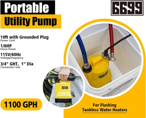 Miniatura 3 de El kit de descarga del calentador de agua sin tanque incluye bomba de sumidero sumergible de 1/6 HP con dos adaptadores y cubo de 3 galones