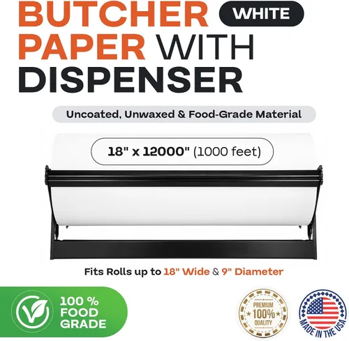Miniatura 2 de White Butcher Paper 18" x 12000" (1000 feet) with Dispenser - USA-Made Natural Butcher Paper Roll for Meat and Fish - Uncoated, Unwaxed & Food-Grade