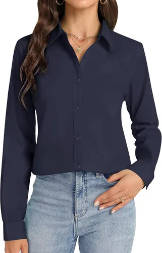 Miniatura 20 de Camisas con botones J.VER para mujer con cuello elástico y manga larga de algodón, camisa de vestir casual de negocios para el trabajo