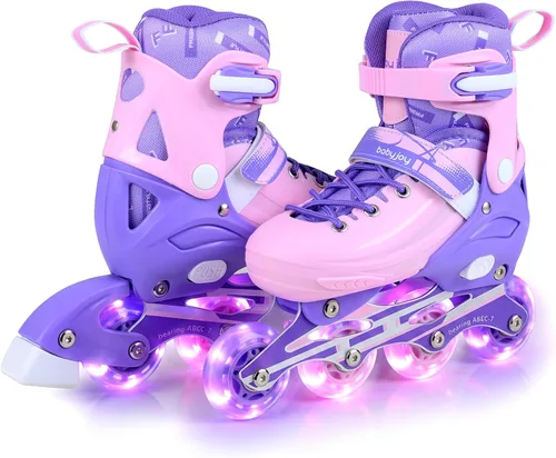 Miniatura 14 de BABY JOY Patines en línea, 4 tamaños ajustables para niños con ruedas iluminadas para niños de 5 a 14 años, divertidos patines iluminadores