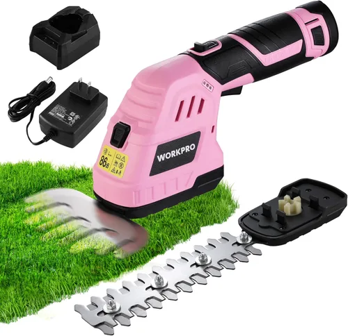 WORKPRO Cortadora de césped inalámbrica de 12 V y cortadora de arbustos – Cortasetos de mano 2 en 1, cortadora eléctrica de arbustos/cortador de