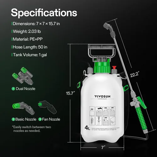 Miniatura 9 de VIVOSUN Pulverizador de bomba de 1 galón/4L, rociador de agua de jardín para plantas, malezas y cuidado del césped, con 3 boquillas, manguera de 50