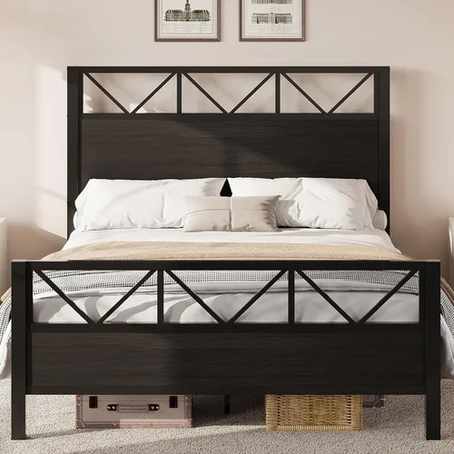 Miniatura 12 de LIKIMIO - Base de cama Queen, cabecero industrial alto de 51.2", con soporte metálico resistente, estructura de cama sólida y estable, libre