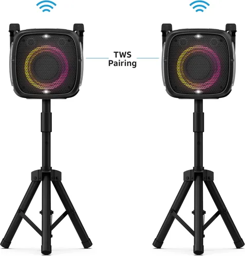 Miniatura 6 de AT&T Máquina de karaoke Bluetooth de 80 W con micrófonos inalámbricos duales y soporte ajustable Sistema de altavoces portátil recargable