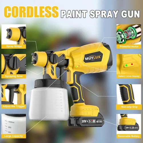Miniatura 2 de Pulverizador de pintura inalámbrico con batería y cargador, pistola pulverizadora eléctrica de 800W con 5 boquillas y 3 patrones, pulverizador