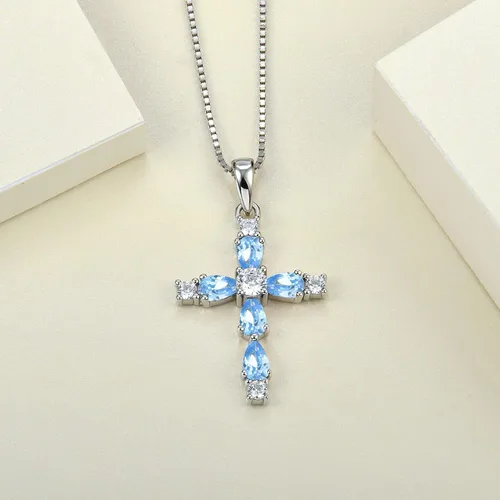 Miniatura 64 de YL Collar de cruz de plata de ley 925 con colgante de piedra natal religiosa para mujer