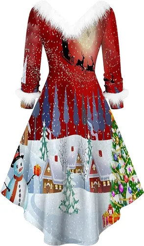 Miniatura 3 de TWGONE Vestido de Navidad para mujer cuello en V felpa cuello en V caricaturas festival cóctel fiesta vestido acampanado