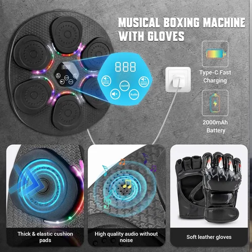 Miniatura 2 de Music Boxing Machine for Adults & Kids, Bluetooth Smart Boxing Wall Machine with Gloves, 9 Modes, 6 Speeds & 3 Sensitivity, Electric Light Up Music