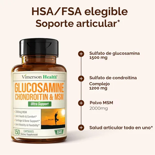 Miniatura 5 de Glucosamina condroitina MSM - Suplementos articulares 3 en 1 para mujeres y hombres con sulfato de glucosamina 1500 mg, sulfato de condroitina 1200
