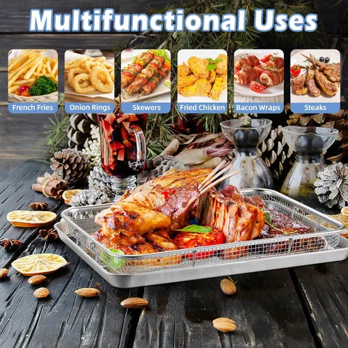 Miniatura 5 de TeamFar Cesta para freidora de aire para horno, juego de 2 cestas y bandeja de freidora de aire de acero inoxidable, estante para freidora de aire