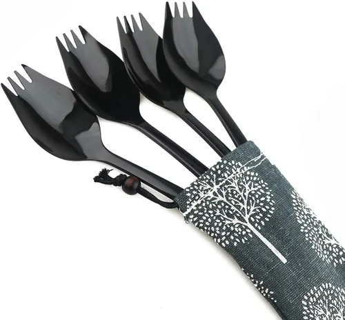 Miniatura 4 de 4 tenedores negros para uso doméstico, campamento, viajes, senderismo, cuchara de acero inoxidable 18/10, cuchara de postre de fideos, juego