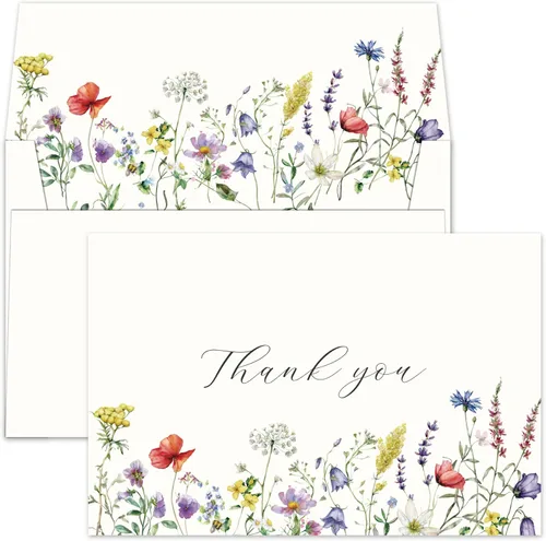 Gooji Tarjetas de agradecimiento florales de verano 4 x 6 con sobres (paquete de 20 sobres a granel) a juego, flores silvestres, bodas, notas en