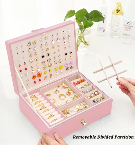 Miniatura 138 de Joyero de pendientes para mujeres y niñas, organizador de aretes de 5 capas, caja organizadora de joyas blanca con candado, collares y aretes