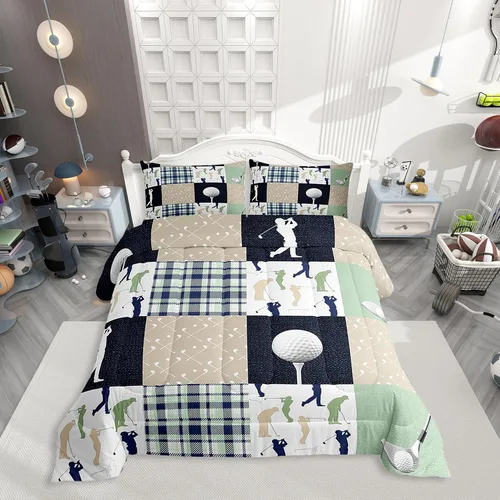 Miniatura 3 de Castle Fairy Juego de edredón de tamaño matrimonial a cuadros de golf, estilo amante de los deportes de pelota, ropa de cama de colección