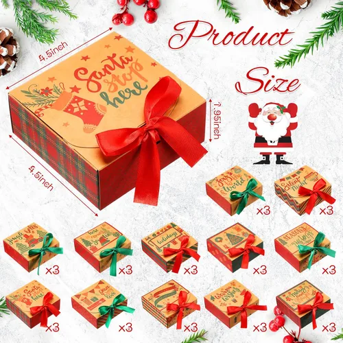 Miniatura 2 de Cholemy 36 piezas de cajas de regalo de Navidad de papel kraft con tapas, paquete de cajas de regalo pequeñas con lazo vacías para Navidad, cajas