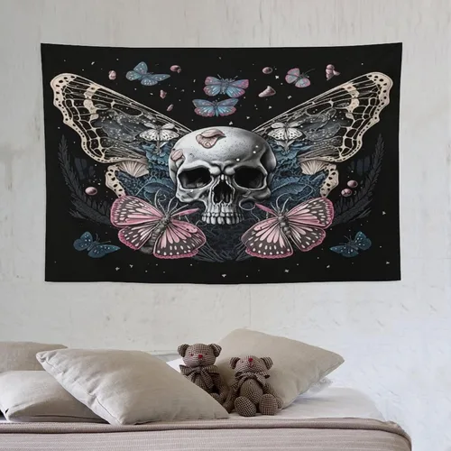 Miniatura 10 de Naykow Tapiz de calavera y mariposa, tapiz rosa trippy negro, tapiz de bruja gótica para dormitorio, decoración de habitación hippie de mariposa