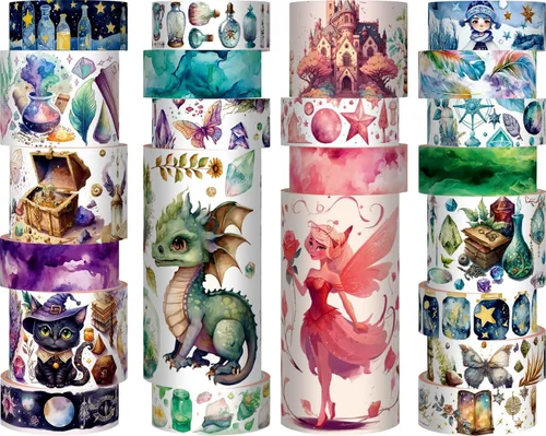 Ieebee Juego de Cintas Washi de 23 Rollos, Cinta de Álbum de Recortes con Temática Mágica y de Hadas para Juego de Bullet Journal, Cinta Adhesiva de