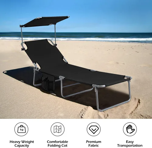 Miniatura 6 de Giantex Silla bronceadora, tumbona de patio con 5 posiciones ajustables, toldo de sombra, bolsillo de almacenamiento, cuna de campamento, sillón