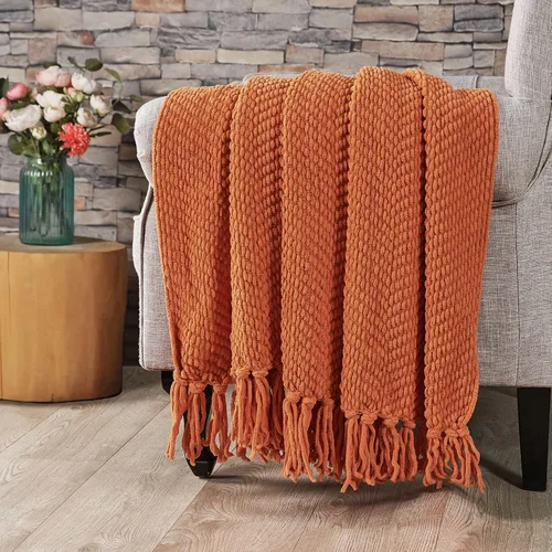 Miniatura 4 de Manta de tweed con borlas de flecos para sofá, decoración del hogar, cama, sofá, silla, 50 x 60 pulgadas, naranja óxido