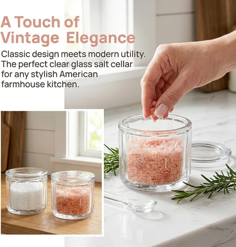 Miniatura 4 de Nicunom Paquete de 2 saleros de cristal transparente con tapa, contenedor de almacenamiento de sal, estilo retro, decoración de cocina, regalo
