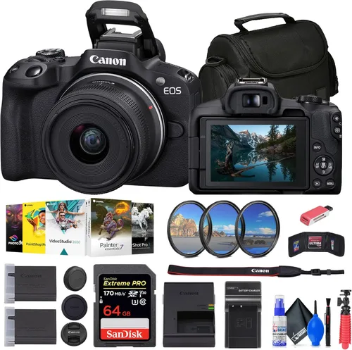 Canon Cámara sin espejo EOS R50 con lente de 0.709-1.772 in (negro) (5811C012) + tarjeta de 64 GB + kit de filtro + software fotográfico Corel +