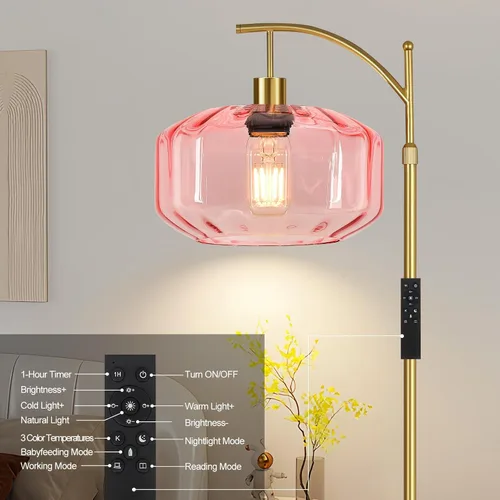Miniatura 9 de Lámparas de pie doradas para sala de estar, dormitorio, lámpara de pie de cristal con control remoto y pantalla rosa, lámpara de pie regulable