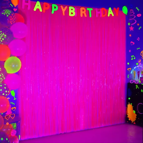 Miniatura 12 de Suministros de fiesta Mega-Loopolis con brillo en la oscuridad, pack de 2 decoraciones de fiesta neón de 6.6 x 6.6 pies, cortinas de flecos de papel
