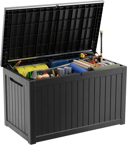 Miniatura 20 de Caja de almacenamiento para exteriores de 30 galones, impermeable, caja de resina para terraza, con cerradura, para muebles de patio, jardín