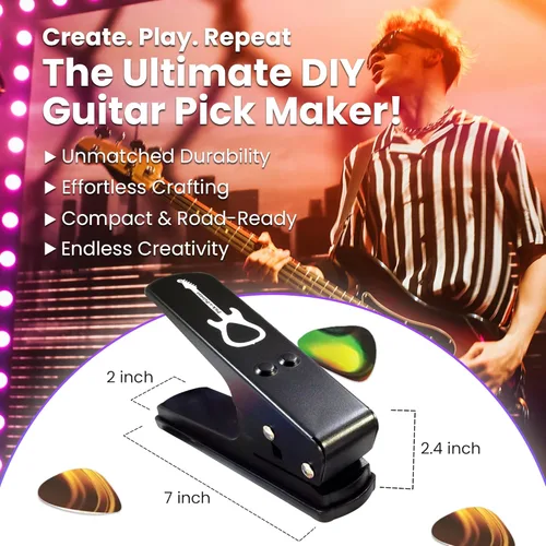 Miniatura 3 de Pack de regalo Pick-a-Palooza DIY para punzón de púa de guitarra - Fabricante de púas premium con llavero de cuero, 4 tiras y una lima - Negro