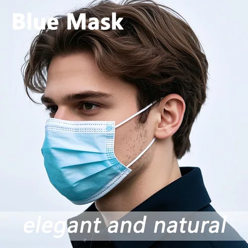 Miniatura 4 de 50 cubrebocas desechables azules para adultos, mujeres y hombres, 3 capas, color azul sólido, transpirable, protección facial completa