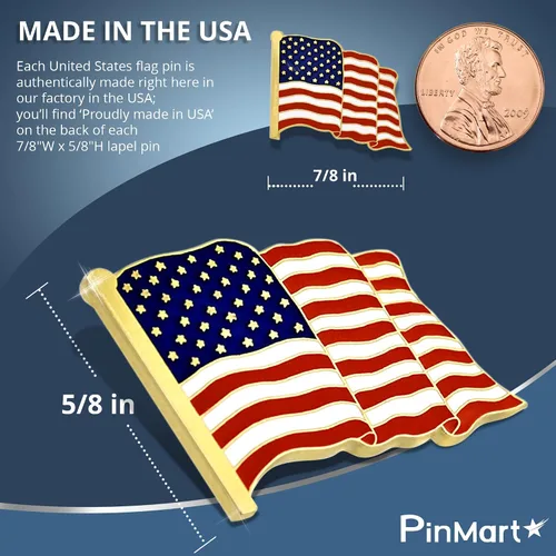 Miniatura 5 de PinMart American Flag Lapel Pin Made in the USA - Gold or Nickel Plated Enamel Pin Patriotic Rectangular or Waving United States Country Pin for