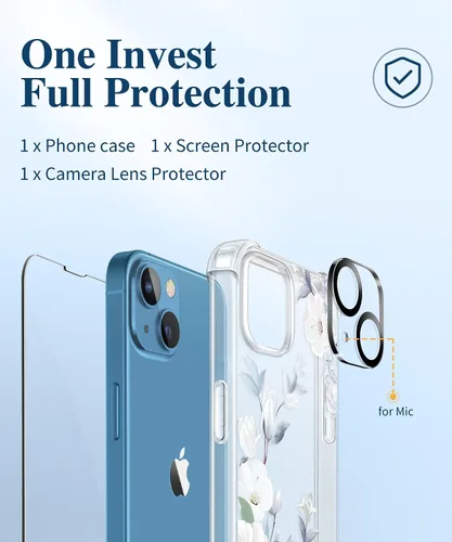 Miniatura 7 de GVIEWIN Funda diseñada para iPhone 13 de 6.1 pulgadas, con protector de pantalla de vidrio templado + protector de lente de cámara, flor Hibisco