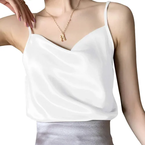 Miniatura 2 de Miqieer Camiseta básica de seda para mujer, con cuello en V, holgada, sin mangas, de satén, para mujer
