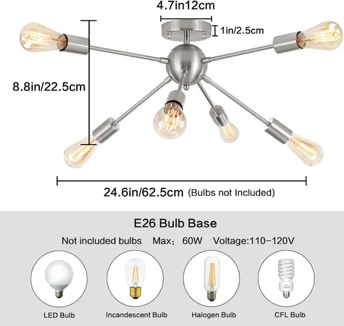 Miniatura 6 de LASENCHOO Lámpara de techo Sputnik, lámpara de techo de 8 luces Sputnik en níquel cepillado, lámparas de araña Sputnik, lámpara de techo moderna