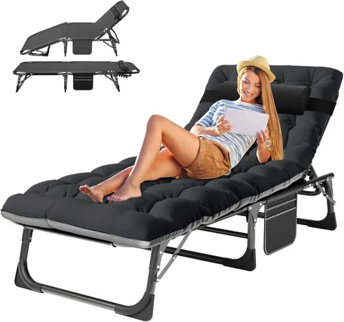 Miniatura 15 de ABORON Catres de campamento de 5 posiciones para adultos, catre de dormir plegable al aire libre, tumbona plegable con almohada, silla reclinable