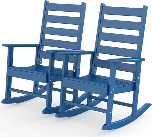 Miniatura 18 de GREENVINES Juego de 2 sillas mecedoras para exteriores Plástico HDPE Mecedoras de patio Silla mecedora de porche Coctelera De gran