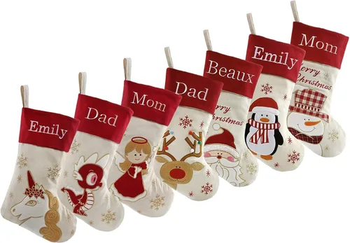 Miniatura 32 de Juego de 3, medias de Navidad personalizadas de 18 pulgadas con tecnología de bordado, diseños de Papá Noel, muñeco de nieve y renos para decoración