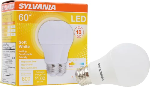 Sylvania Bombilla LED, equivalente a 60 W A19, eficiente 8.5 W, base media, acabado esmerilado, 800 lúmenes, blanco suave, paquete de 2 (73886)