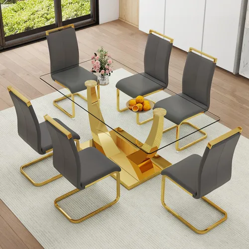 Miniatura 30 de Juego de Mesa de Comedor Negra para 6, Mesa de Comedor de Mármol Falso de 71" para 6, Juego de Mesa de Cocina Rectangular con Sillas de Cuero PU
