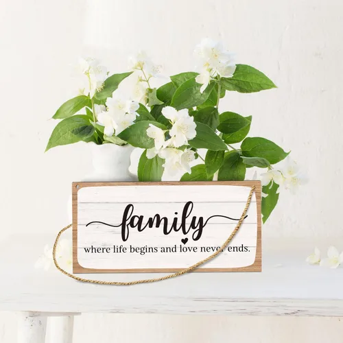 Miniatura 3 de Letrero colgante de madera para decoración de pared familiar, letrero con texto en inglés «Family Where Life Begins And Love Never Ends» (A01)