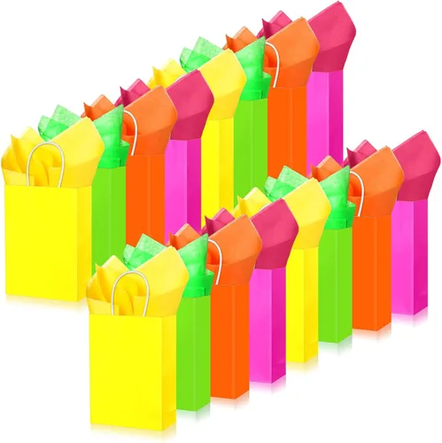 Sherr Paquete de 24 bolsas de regalo de neón con papel de seda de 5.91 x 3.15 x 8.27 pulgadas, coloridas bolsas de papel arcoíris con asas, bolsas