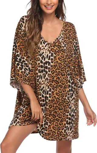 Miniatura 2 de Ekouaer Camisón de dormir con cuello en V profundo para mujer, camisón de murciélago de gran tamaño, tallas S-4XL
