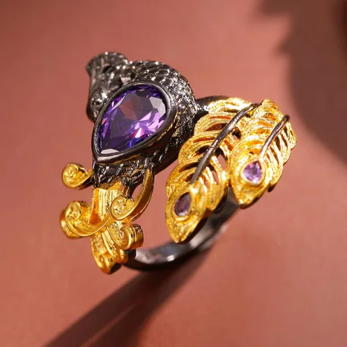 Miniatura 4 de Gothic Golden Feather Amethyst Rings - Black Peacock Rhinestone Copper Rings