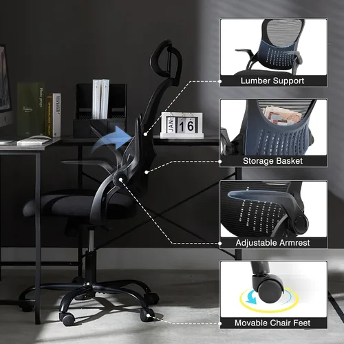 Miniatura 5 de Silla ergonómica de malla para el hogar, escritorio de computadora, silla reclinable giratoria con ruedas, soporte lumbar, cómoda silla de trabajo