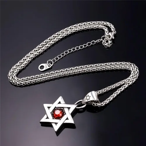 Miniatura 24 de U7 - Collar con Estrella de David para hombres y mujeres, dije hexagonal de acero inoxidable con cruz/piedra de rubí/collares clásicos judíos