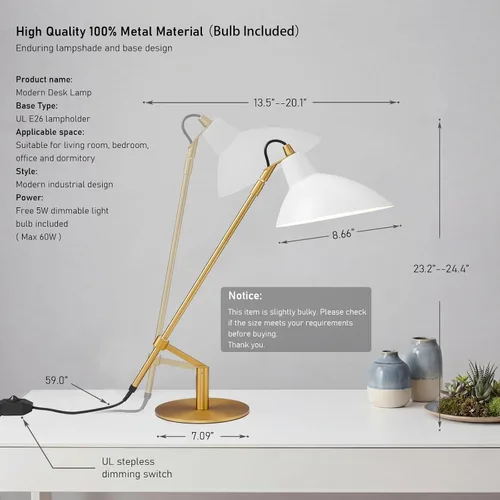 Miniatura 2 de Desk Lamp Modern Industrial 100% Metal Adjustable Table Lamp 24", Natural Light (4000K) with Dimmer, Ideal for Office Bedroom Study Room Living Room