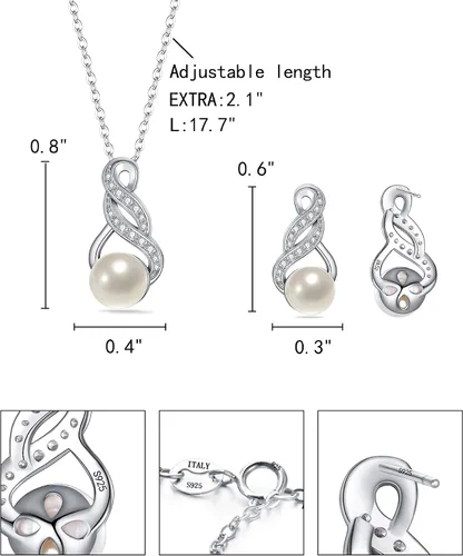 Miniatura 6 de EleQueen 925 plata de ley CZ perlas cultivadas de agua dulce colgante nupcial collar pendientes conjuntos de joyería de boda, día de San ValentínDía